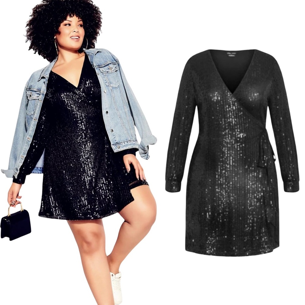City Chic Party Glow Sequin Wrap Dress Black M 18 2X